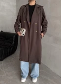 Kahve Dökümlü Astarsız Uzun Trençkot - 4