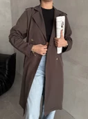 Kahve Dökümlü Astarsız Uzun Trençkot - 3