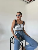Siyah-Ekru Düğmeli Çizgili Crop Atlet - 3