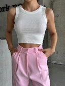 Beyaz Halter Yaka Fitilli Crop Atlet - 1