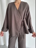 Kahve Lisa Yan Bağlamalı Pantolon Takım - 4