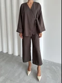 Kahve Lisa Yan Bağlamalı Pantolon Takım - 3
