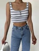 Gri-Ekru Düğmeli Çizgili Crop Atlet - 1