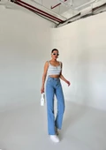 Gri-Ekru Düğmeli Çizgili Crop Atlet - 6