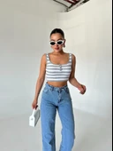 Gri-Ekru Düğmeli Çizgili Crop Atlet - 2