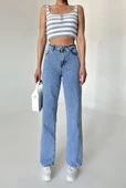 Gri-Ekru Düğmeli Çizgili Crop Atlet - 5