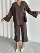 Kahve Lisa Yan Bağlamalı Pantolon Takım - 2