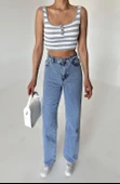 Gri-Ekru Düğmeli Çizgili Crop Atlet - 4