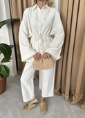 Natural Beli Bağlama İpi Detaylı Geniş Kol Gömlek Pantolon Takım - 2