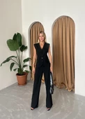 Siyah Poliviskon Cepli Yelek Palazzo Pantolon Takım - 6