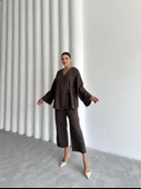 Kahve Lisa Yan Bağlamalı Pantolon Takım - 6