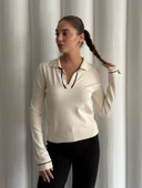 Krem Sky Uzun Kollu Polo Yaka Triko Bluz - 1