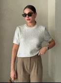 Krem  Aurora Gümüş Varaklı Kısa Kol Triko Bluz - 1