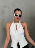 Beyaz Fiyonklu Sırt Dekolteli Bluz - 3