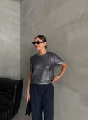 Lacivert Aurora Gümüş Varaklı Kısa Kol Triko Bluz - 5