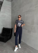 Lacivert Aurora Gümüş Varaklı Kısa Kol Triko Bluz - 4