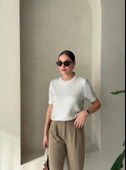 Krem  Aurora Gümüş Varaklı Kısa Kol Triko Bluz - 5