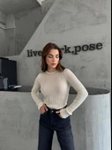 Ekru Bisiklet Yaka Transparan Tül Örgü Bluz - 2