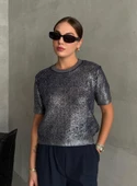 Lacivert Aurora Gümüş Varaklı Kısa Kol Triko Bluz - 1