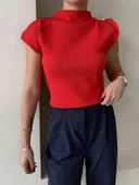 Kırmızı Star Broşlu Triko Bluz - 7