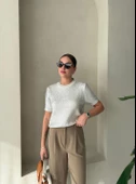 Krem  Aurora Gümüş Varaklı Kısa Kol Triko Bluz - 4