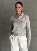Gri Polo Yaka Mini Topçuklu Bluz - 1