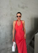 Nar Çiçeği Askılı Puantiyeli Elbise - 2