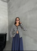 Lacivert-Krem Mia Örme Yan Çizgili Hırka - 3