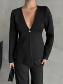 Siyah Camille Deri Şeritli Tek Düğme Hırka - 2