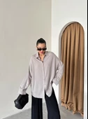 Gri Oversize Düşük Omuz Keten Gömlek - 5
