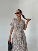 Krem-Siyah Önü Düğümlü Desenli Elbise - 4