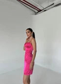 Fuşya Askılı Mini Saten Elbise - 6