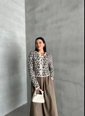 Ekru Leopar Twin Düğmeli Triko Hırka - 7