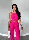 Fuşya Crop Pantolon Müslin Takım - 6