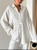 Taş Oversize Düşük Omuz Keten Gömlek - 1