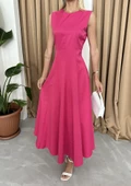 Fuşya Kolsuz Prenses Model Uzun Elbise - 2