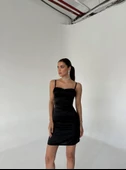 Siyah Askılı Mini Saten Elbise - 4