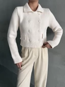 Krem Sekiz Düğmeli Polo Yaka Hırka - 3