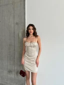 Bej Askılı Mini Saten Elbise - 3