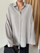 Gri Oversize Düşük Omuz Keten Gömlek - 1
