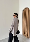 Gri Oversize Düşük Omuz Keten Gömlek - 6