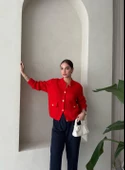 Kırmızı Belle Gül Düğmeli Hırka - 3