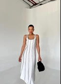 Beyaz Kalın Askılı Biye Detaylı Midi Elbise - 4