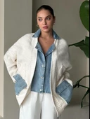 Krem Denim Detaylı Cepli Triko Hırka - 1