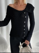 Siyah Yakalı Rustik Örme Hırka - 3