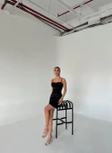 Siyah Askılı Mini Saten Elbise - 6