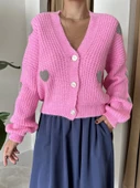 Şeker Pembe Gri Kalpli Triko Hırka - 1