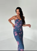 Lacivert İnce Askılı Batik Desen Tül Elbise - 3