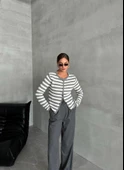 Gri-Krem Mia Örme Yan Çizgili Hırka thumbnail 5