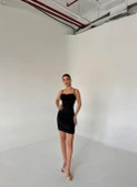 Siyah Askılı Mini Saten Elbise - 5